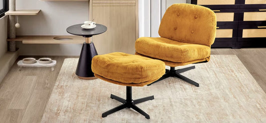 J&amp;R Corduroy lounge chair - Chair - Relax chair - Swivel chair - Thick cushions - With footstool - Yellow