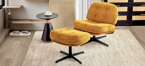 J&R Corduroy loungestoel - Stoel - Relax stoel - Draaibare stoel - Dikke kussens - Met hocker - Geel