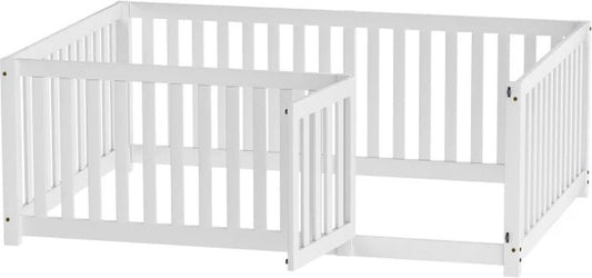Bedframe Kinderbed - Peuterbed - Vloerbed - Kinderbox - Inclusief Uitvalhekje - Kinderkamer - Multiplex - Wit - 140 x 200 x 60 cm