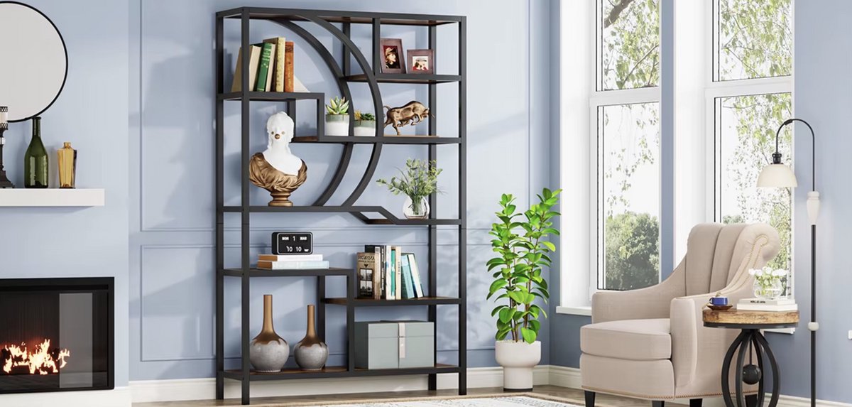 Bookcase - Shelving - Open Cabinet - Wood - 6 layers - Industrial - Black metal - Dark wood - 100x175x30