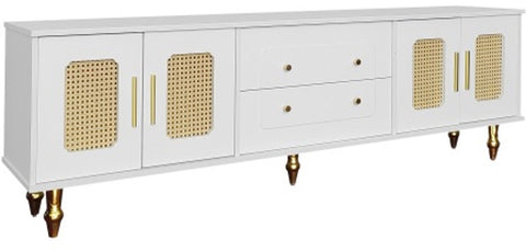 Lowboard - Tv-Meubel in Retrostijl - Gouden Handgrepen - Veel Opbergruimte - Met Rotan Deur - en Metalen Poten - Wit