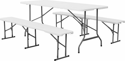 Fiesta opvouwbare receptie tafel en plastic banken 180cm, campingtafel