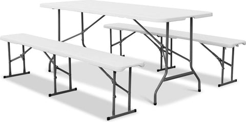 Fiesta opvouwbare receptie tafel en plastic banken 180cm, campingtafel