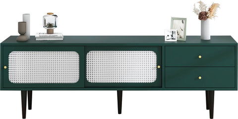 TV-Meubel - Groen met Wit Rotan - met 2 Rotan Schuifdeuren - 2 Laden - 4 Vakken met Verplaatsbare Planken