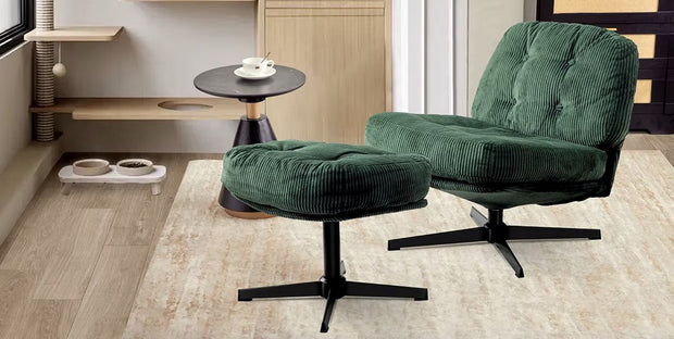 Corduroy lounge chair - Chair - Relax chair - Swivel chair - Thick cushions - With footstool - Green