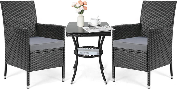 Garden set - Balcony set - Rattan Wicker Chairs - Incl. Table - Terrace - Balcony - Garden furniture - Bistro Set - With Cushions - Gray