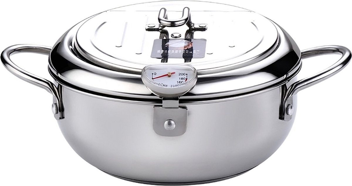 Kleine Frituurpan - Mini Friteuse - Mini Frituurpan - 2,2 Liter -Roestvrij Staal - Japanse frituurpan - met Thermometer - en Deksel Keuken Tempura Frituurpan - Kookpot