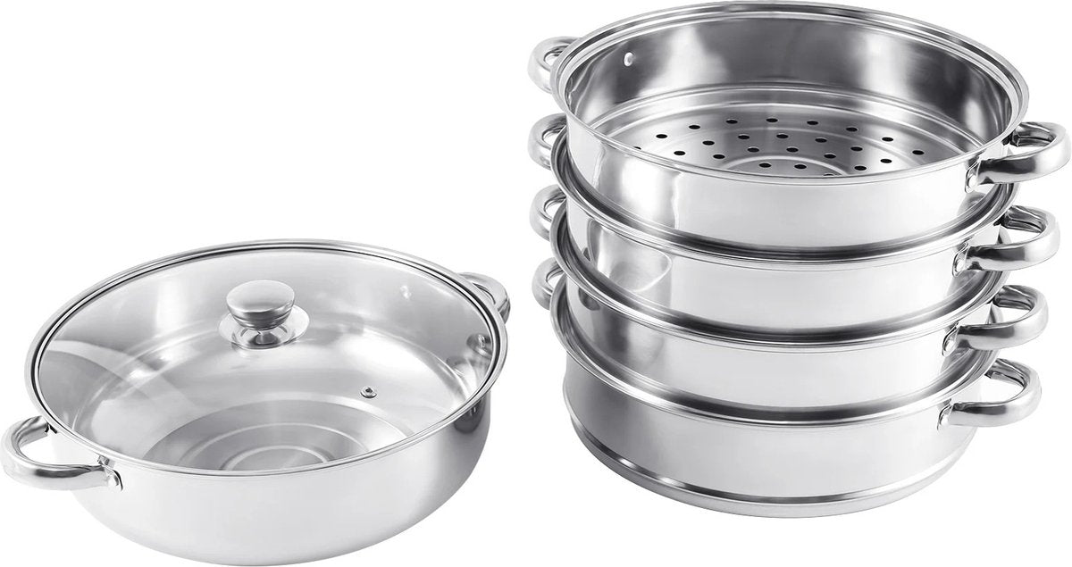 Professionele Stoompan - 5 lagen - Stoomkoker - Ø30cm - Topkwaliteit - RVS - Glazen deksel - Inductie Gas Elektrisch