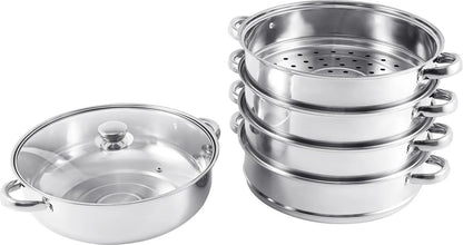 Professionele Stoompan - 5 lagen - Stoomkoker - Ø30cm - Topkwaliteit - RVS - Glazen deksel - Inductie Gas Elektrisch
