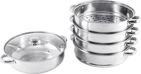 Professionele Stoompan - 5 lagen - Stoomkoker - Ø30cm - Topkwaliteit - RVS - Glazen deksel - Inductie Gas Elektrisch