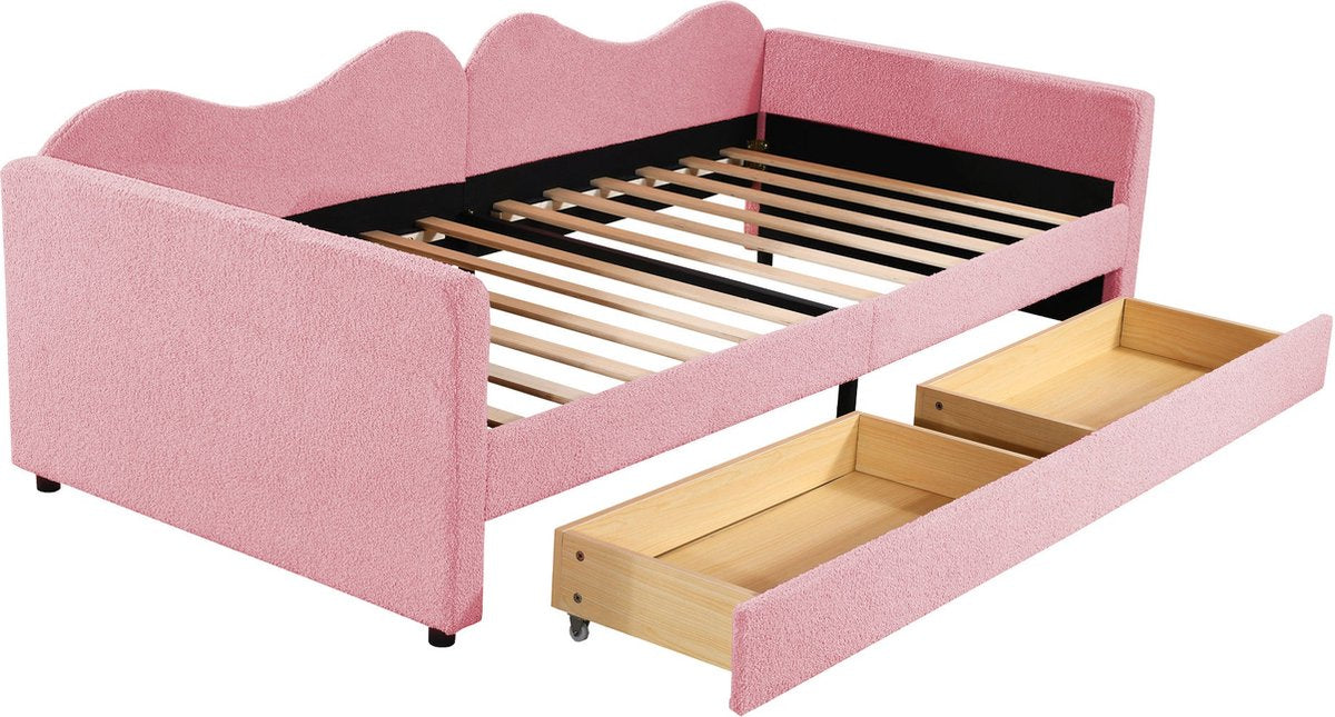 Kinderbed - Slaapbank met 2-laden - Teddybeerbedframe - Multifunctioneel Zacht -  Bed Met Rugleuning en Armleuningen -  90*200 cm - Roze  Jeugdbed -  (Ween matras)