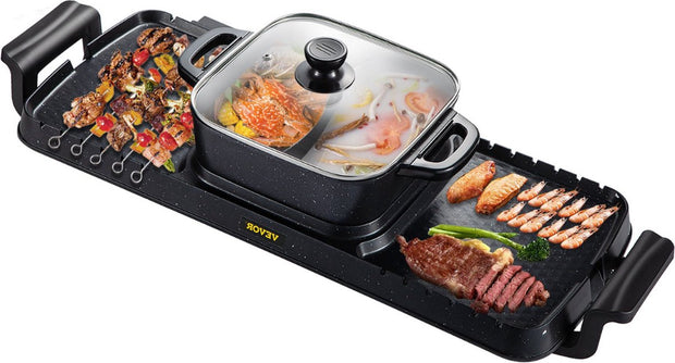 Elektrische BBQ - Pan Grill en Hot Pot - Krachtig 2400W - Draagbaar en Rookvrij - Afneembare Anti-aanbaklaag - BBQ - Gourmet - Grill - Kookgerei - Koken - Grillen