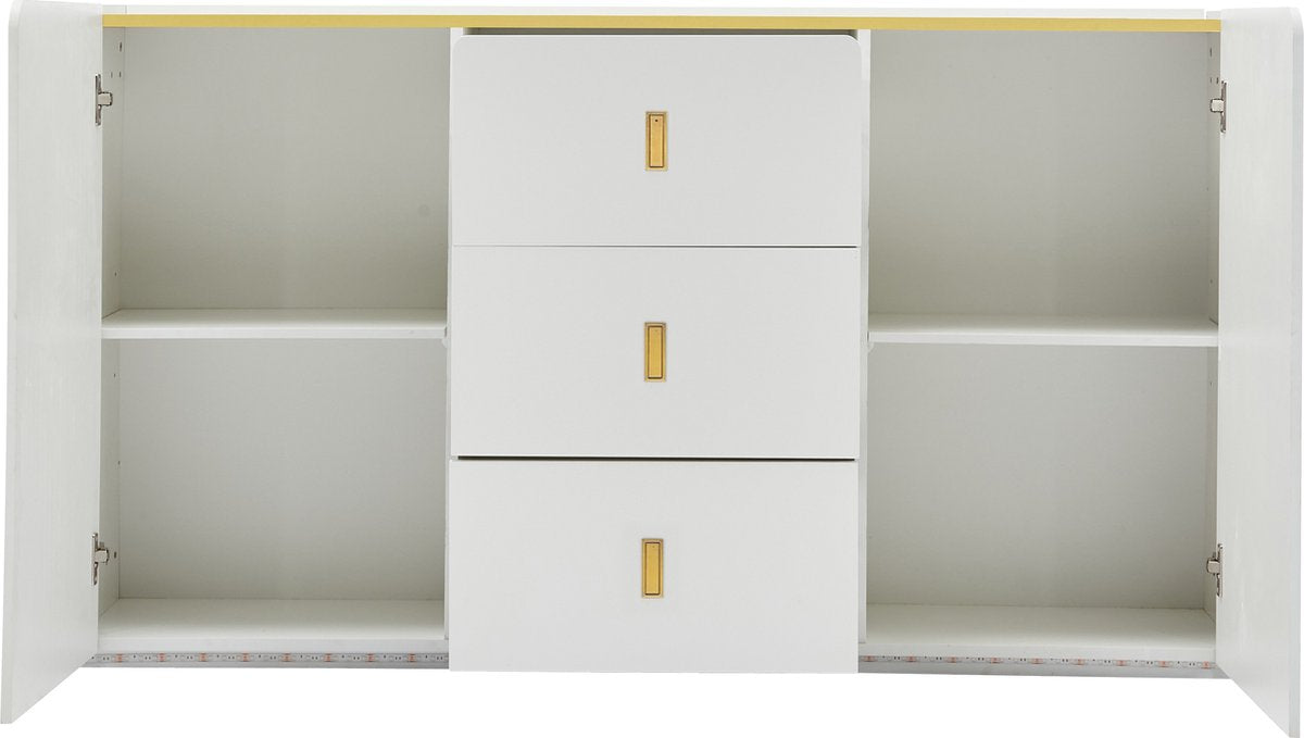 LED - Modern wit dressoir met LEDverlichting - 150x35x80 cm - 2 deuren, 3 lades en RGB-kleuren - Opbergkast voor woonkamer, eetkamer of hal - Wit