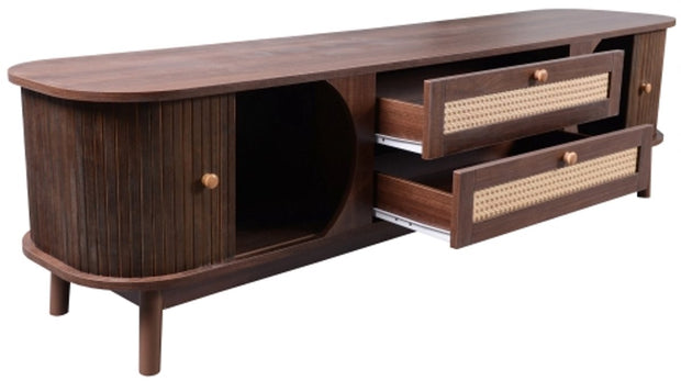 TV-Meubel - van Natuurlijke Houtmix - met Deuren en Lades - TV-Meubel met Rotan Zijkanten - Opbergoplossing - Natuurlijke - Landhuisstijl