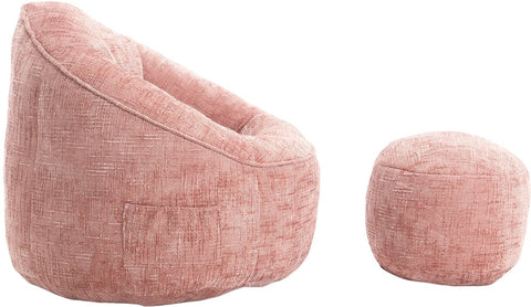 Zitzak Stoel met Voetensteun - Beanbag in Luxe Chenille Stof - Hoge Druk Schuimvulling - Ergonomisch Ontwerp - 89x88x76 cm - Roze
