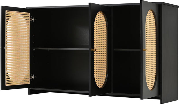 Dressoir - Zwart - met 3 Deuren - Veel Opbergruimte - Kunstrotan Deuren en Metalen Handgrepen - is een Accentstuk in de Eetkamer - Woonkamer en Keuken