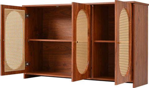 Dressoir - Walnoot - met 3 Deuren - Veel Opbergruimte - Kunstrotan Deuren - en Metalen Handgrepen is een Accentstuk in de Eetkamer - Woonkamer en Keuken.