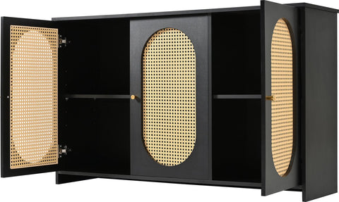 Dressoir - Zwart - met 3 Deuren - Veel Opbergruimte - Kunstrotan Deuren en Metalen Handgrepen - is een Accentstuk in de Eetkamer - Woonkamer en Keuken