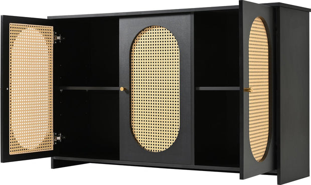 Dressoir - Zwart - met 3 Deuren - Veel Opbergruimte - Kunstrotan Deuren en Metalen Handgrepen - is een Accentstuk in de Eetkamer - Woonkamer en Keuken