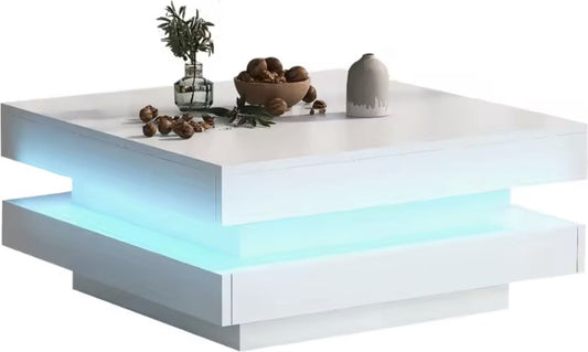 High-gloss coffee table - Square coffee table - Rotatable - 16-colour LED lighting - High-gloss white - 70x70x36cm