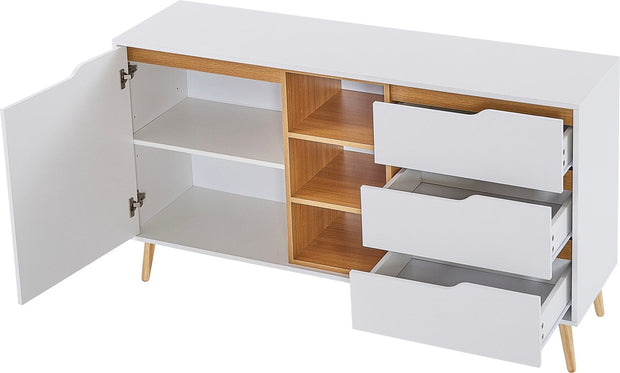 Moderne witte dressoirkast – 140x40x80,5 cm – Opbergkast met 3 lades, open compartimenten en planken – Dressoir met kantelbeveiliging – Voor woonkamer, hal of slaapkamer
