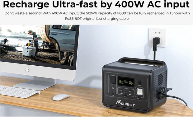 Draagbare energiecentrale - LiFePO4 zonnegenerator, - 3500 Times Cycle - 800W AC uitgang - 200W max zonne-ingang - 8 stopcontacten - Igarenaansteker - DC6530 - 2xUSB-A - 3x Type-C - AC uitgang - Volledig opgeladen - 512Wh - Groen