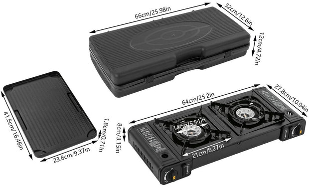 Campinggaspit - Gasbrander Camping - Camping Gasstel - Camping Bbq - Camping Kooktoestel - Fornuis 2 pits - Draagbare Kookplaat - Afneembare Bakplaat - Met Draagkoffer - 64x28cm - Zwart
