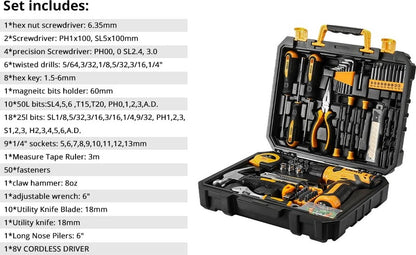 Basis gereedschapsset - Gemengde gereedschapsset - Gereedschap - Elektrische gereedschapscombinatiesets - Gereedschapsset - 8V snoerloze boormachine - 126-delig - Geel