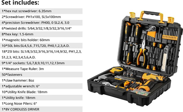 Basis gereedschapsset - Gemengde gereedschapsset - Gereedschap - Elektrische gereedschapscombinatiesets - Gereedschapsset - 8V snoerloze boormachine - 126-delig - Geel