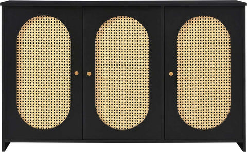 Gutent Dressoir, Zwart, met 3 deuren, Veel Opbergruimte, Kunstrotan Deuren en metalen handgrepen, is een accentstuk in de eetkamer, woonkamer en keuken.