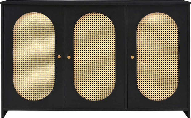 Gutent Dressoir, Zwart, met 3 deuren, Veel Opbergruimte, Kunstrotan Deuren en metalen handgrepen, is een accentstuk in de eetkamer, woonkamer en keuken.