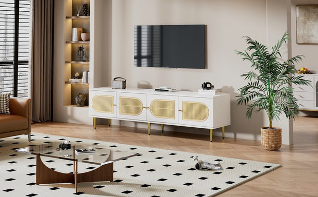 Wit Rattan - TV Cabinet - 180x40x50cm - 4 Rattan-Deuren - Verstelbare Planken - en Kabelbeheer voor Televisies tot 80 inch - Tv-Kast - Lowboards