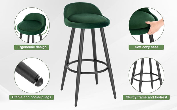 Barkruk – Barkrukken Set van 2 – Barkruk met Rugleuning – Bar Stool –Zitvlak Fluweel- Barkrukken met Voetensteun –  Zithoogte 69,5 cm - Donkergroen fluweel