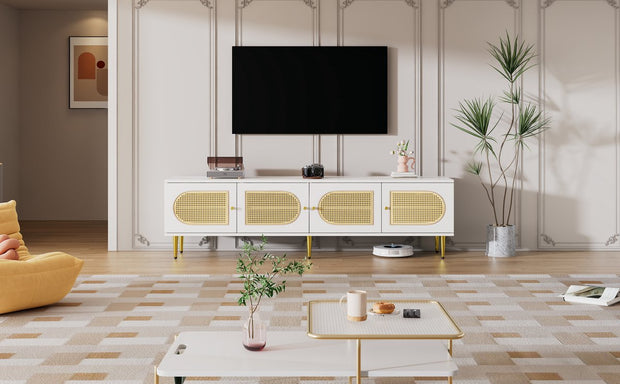 Wit Rattan - TV Cabinet - 180x40x50cm - 4 Rattan-Deuren - Verstelbare Planken - en Kabelbeheer voor Televisies tot 80 inch - Tv-Kast - Lowboards