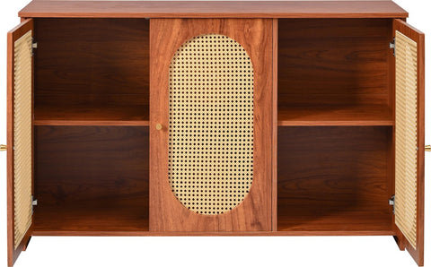 Dressoir - Walnoot - met 3 Deuren - Veel Opbergruimte - Kunstrotan Deuren - en Metalen Handgrepen is een Accentstuk in de Eetkamer - Woonkamer en Keuken.