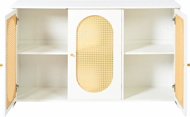 Dressoir - Wit - met 3 Deuren - Veel Opbergruimte - Kunstrotan Deuren en Metalen Handgrepen - is een Accentstuk in de Eetkamer - Woonkamer en Keuken