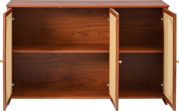 Dressoir - Walnoot - met 3 Deuren - Veel Opbergruimte - Kunstrotan Deuren - en Metalen Handgrepen is een Accentstuk in de Eetkamer - Woonkamer en Keuken.