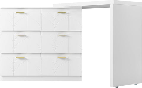 Kaptafel, Wit (Zonder spiegel en kruk), met 6 Laden, Vergulde Handgrepen, draaibaar tafelblad (180°), gelakt, bloemmotief, schokbestendig afgeronde hoeken