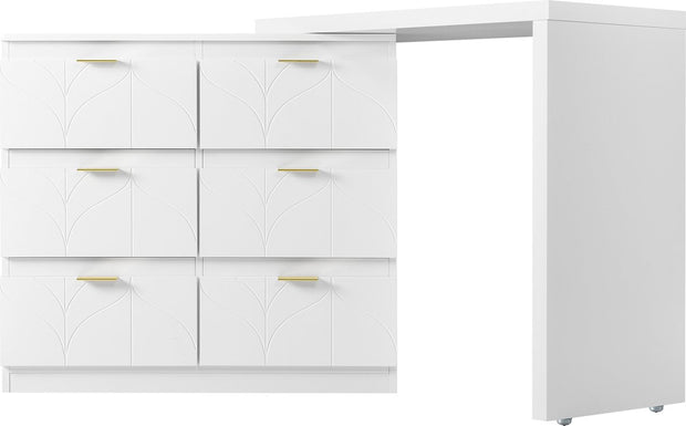 Kaptafel, Wit (Zonder spiegel en kruk), met 6 Laden, Vergulde Handgrepen, draaibaar tafelblad (180°), gelakt, bloemmotief, schokbestendig afgeronde hoeken