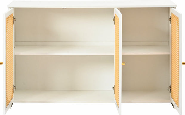 Dressoir - Wit - met 3 Deuren - Veel Opbergruimte - Kunstrotan Deuren en Metalen Handgrepen - is een Accentstuk in de Eetkamer - Woonkamer en Keuken