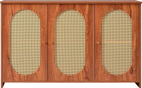 Gutent Dressoir, Walnoot, met 3 deuren, Veel Opbergruimte, Kunstrotan Deuren en metalen handgrepen, is een accentstuk in de eetkamer, woonkamer en keuken.