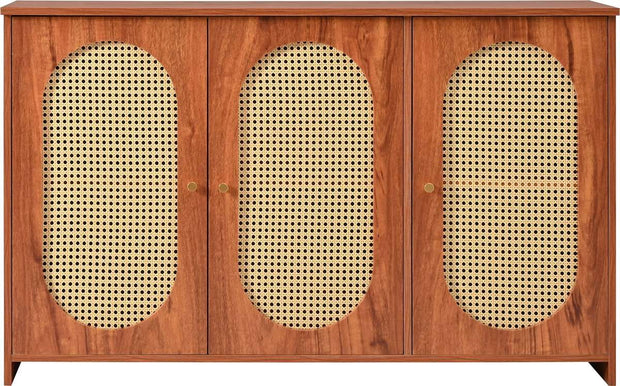 Gutent Dressoir, Walnoot, met 3 deuren, Veel Opbergruimte, Kunstrotan Deuren en metalen handgrepen, is een accentstuk in de eetkamer, woonkamer en keuken.