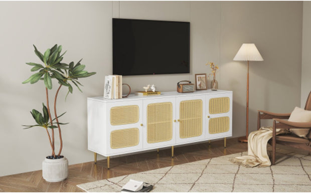 Elegant White Rattan - TV Cabinet - 180x40x72cm - met 4 Rotan Deuren - in Hoogte Verstelbare Planken - en Kabelbeheer - voor Maximaal 80 inch Televisies - Tv-Kasten - Lowboards