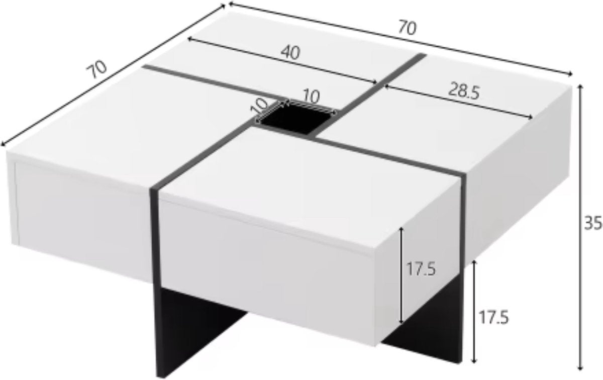 Salontafel - Hoogglans salontafel - Vierkant salontafel - 4 Lades - Uitschuifbaar - Hoogglans zwart - 70x70x35cm