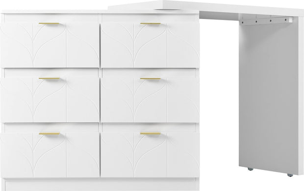 Kaptafel, Wit (Zonder spiegel en kruk), met 6 Laden, Vergulde Handgrepen, draaibaar tafelblad (180°), gelakt, bloemmotief, schokbestendig afgeronde hoeken