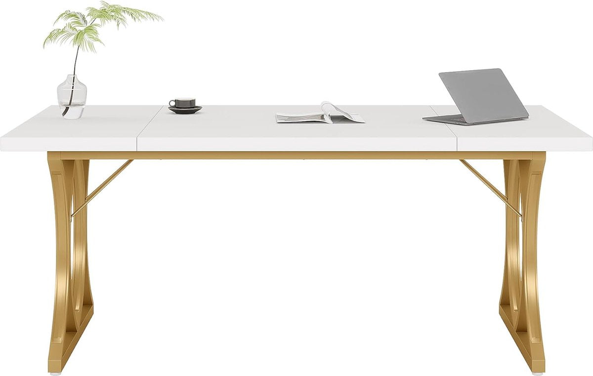 Bureau - Modern Bureau met Gouden Metalen Frame - Computerbureau - Computer Tafel - Bureautafel - Wit en Goud - 159 x 79 x 78 cm
