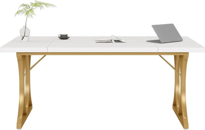 Bureau - Modern Bureau met Gouden Metalen Frame - Computerbureau - Computer Tafel - Bureautafel - Wit en Goud - 159 x 79 x 78 cm