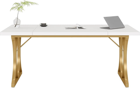 Bureau - Modern Bureau met Gouden Metalen Frame - Computerbureau - Computer Tafel - Bureautafel - Wit en Goud - 159 x 79 x 78 cm