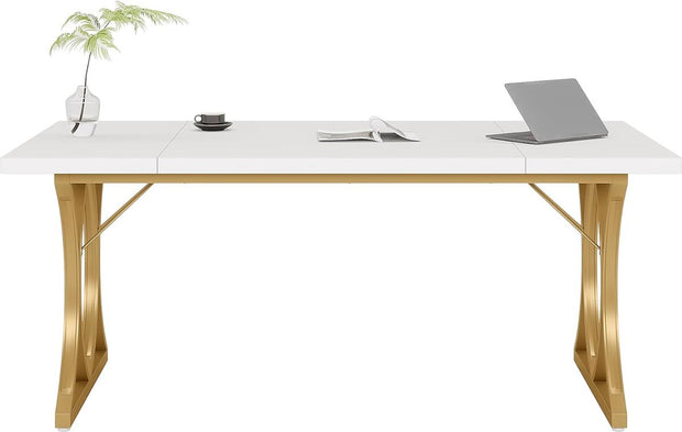 Bureau - Modern Bureau met Gouden Metalen Frame - Computerbureau - Computer Tafel - Bureautafel - Wit en Goud - 159 x 79 x 78 cm