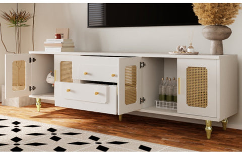 Lowboard - Tv-Meubel in Retrostijl - Gouden Handgrepen - Veel Opbergruimte - Met Rotan Deur - en Metalen Poten - Wit